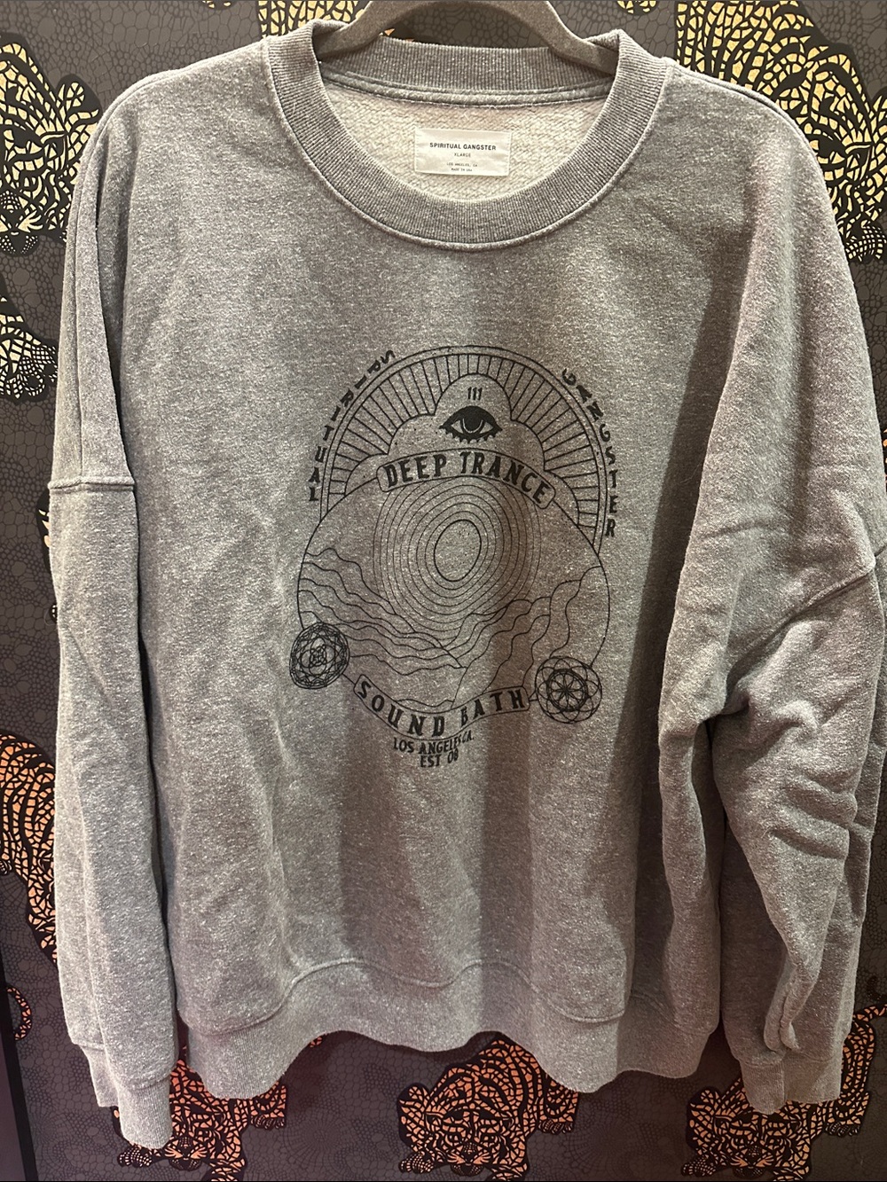 Spiritual Gangster Gray Crewneck with Black 'Deep Trance' Graphic